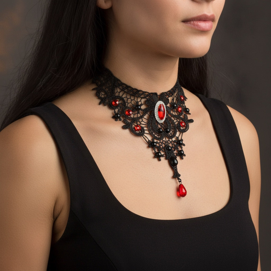 Collier Lilith · Rouge porté, vue trois-quarts